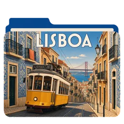 Un cartel de viaje antiguo de un tranvía amarillo en una calle de Lisboa, con la palabra Lisboa