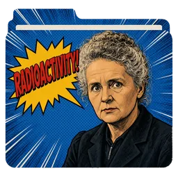 Marie Curie como cómic pop art, con la palabra Radioactivity