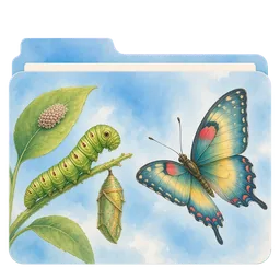 Una oruga, una crisálida y una mariposa en acuarela