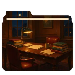Un estudio con paredes de madera iluminado por una lámpara de escritorio de noche