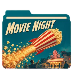 Una caja de palomitas que vuela como un cohete sobre un cine, con las palabras Movie Night