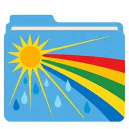 Un cartel con un sol, lluvia y un arcoíris