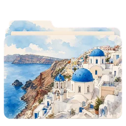 Una acuarela de las casas blancas y las cúpulas azules de Santorini