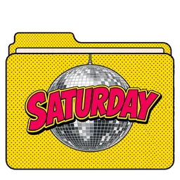 Una bola de discoteca estilo pop art, con la palabra Saturday