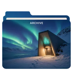 La entrada de una bóveda en la nieve bajo la aurora boreal, con la palabra Archive