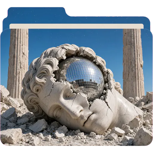 A playful folder with a Greek statue wearing headphones